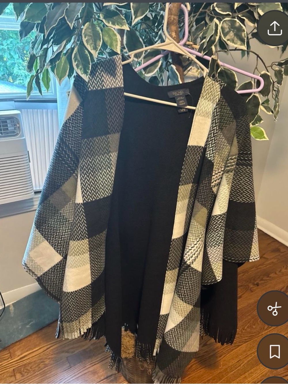 Cuddl Duds Black and Gray Plaid Open-Front Shawl with Fringe